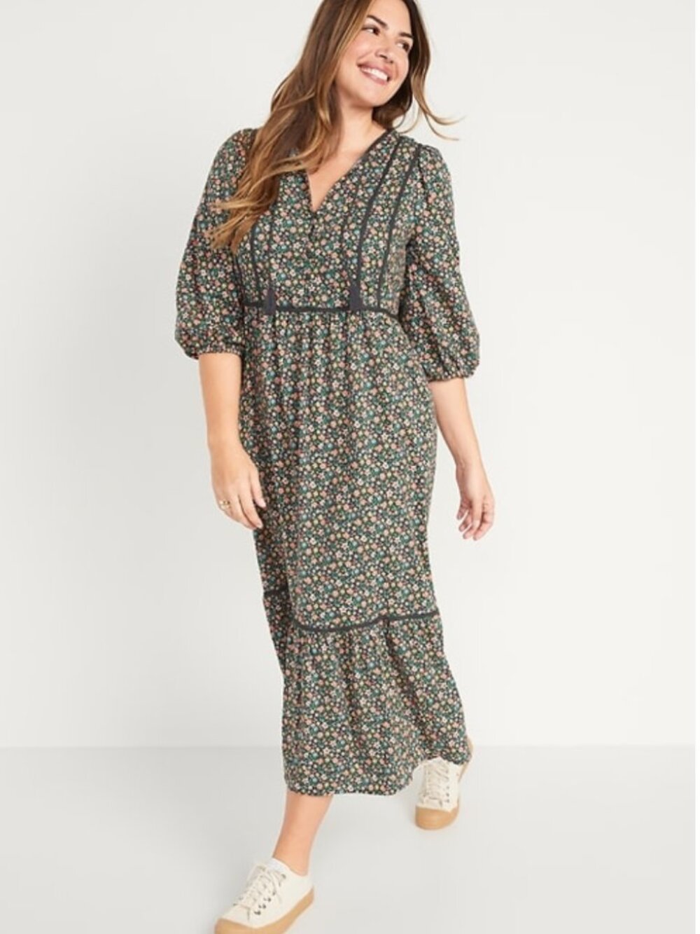 Old Navy Tie Neck 3/4 Sleeve Maxi Swing Dress, Size XL, New